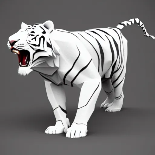 Prompt: a low - poly render of an all white tiger with no stripes in a dynamic action pose dwelling in the spirit realm, low poly 3 d, octane render, dramatic dreamlike lighting, all white render, no textures, angular energetic background elements, angular dynamic white rock floor, artgerm, unreal