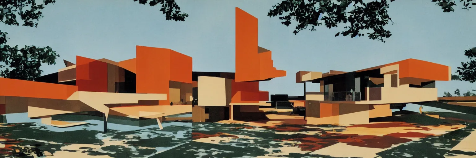 Image similar to midcentury architecture. modernism. warm colors. wide shot. imagined by ken adam.