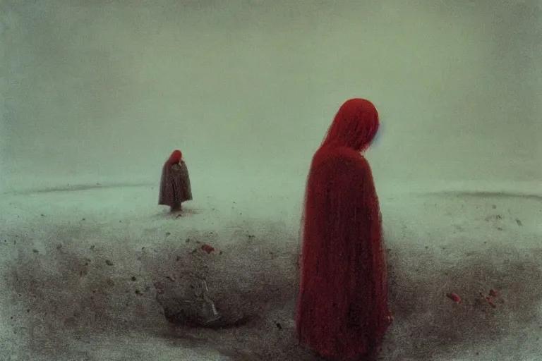 Image similar to a surrealist painting of a lonely woman with pale skin and red hair, standing over pile of bodies in post apocalyptic snowy landscape, painted by zdzisław beksinski