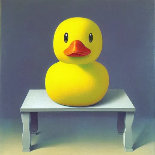 Image similar to portrait of a yellow rubber duck by rene magritte, oil on canvas.