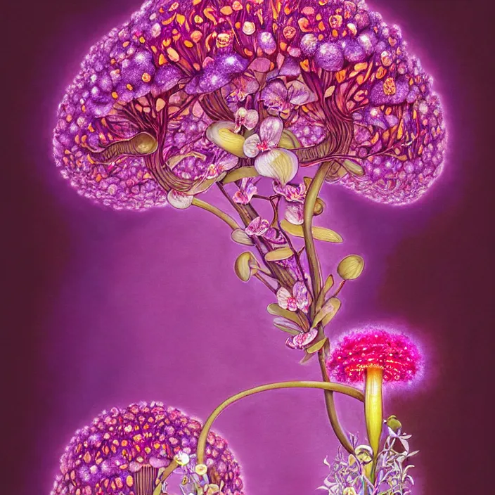 Image similar to extremely psychedelic organic embryo made of orchid and cherry blossom tree and mushroom, LSD embryo, diffuse lighting, fantasy, intricate, elegant, highly detailed, lifelike, photorealistic, digital painting, artstation, illustration, concept art, smooth, sharp focus, art by John Collier and Albert Aublet and Krenz Cushart and Artem Demura and Alphonse Mucha