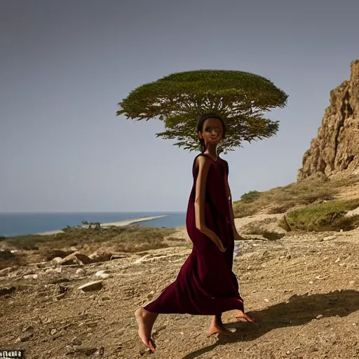 Image similar to beautiful bellidancer girl walks around Socotra among endemic plants, flowers and snags in a long transparent flowing dress and meets mystical animals, mystical insects, mystical birds, lizards, snakes, gorgeous, Atmosphere, hypnotic dimensions, mythology, Rococo, photorealism, ruan jia, steve mccurry, Zdzislaw Beksinski style, hyperrealistic, sharp focus, intricate concept art, digital painting, ambient lighting, 4k, hdt, artstation trending on Gsociety, trending on ArtstationHQ, trending on deviantart, professionally post-processed, wide-angle action dynamic portraithyperdetailed, hyper quality, 16K