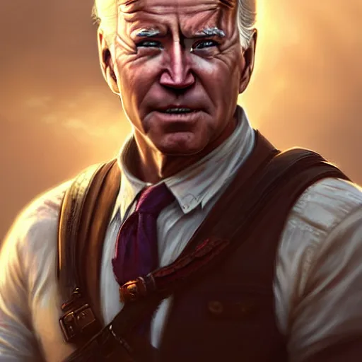 Image similar to Joe Biden face as Nathan Drake, western, D&D, fantasy, intricate, elegant, highly detailed, digital painting, artstation, concept art, matte, sharp focus, illustration, art by Artgerm and Greg Rutkowski and Alphonse Mucha