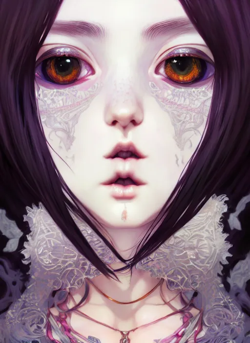 Image similar to portrait of beautiful gothic girl, cute face, intricate, highly detailed, digital painting, official media, anime key visual, concept art, rich vivid colors, ambient lighting, sharp focus, illustration, art by wlop and ilya kuvshinov and makoto shinkai and range murata and gustav klimt