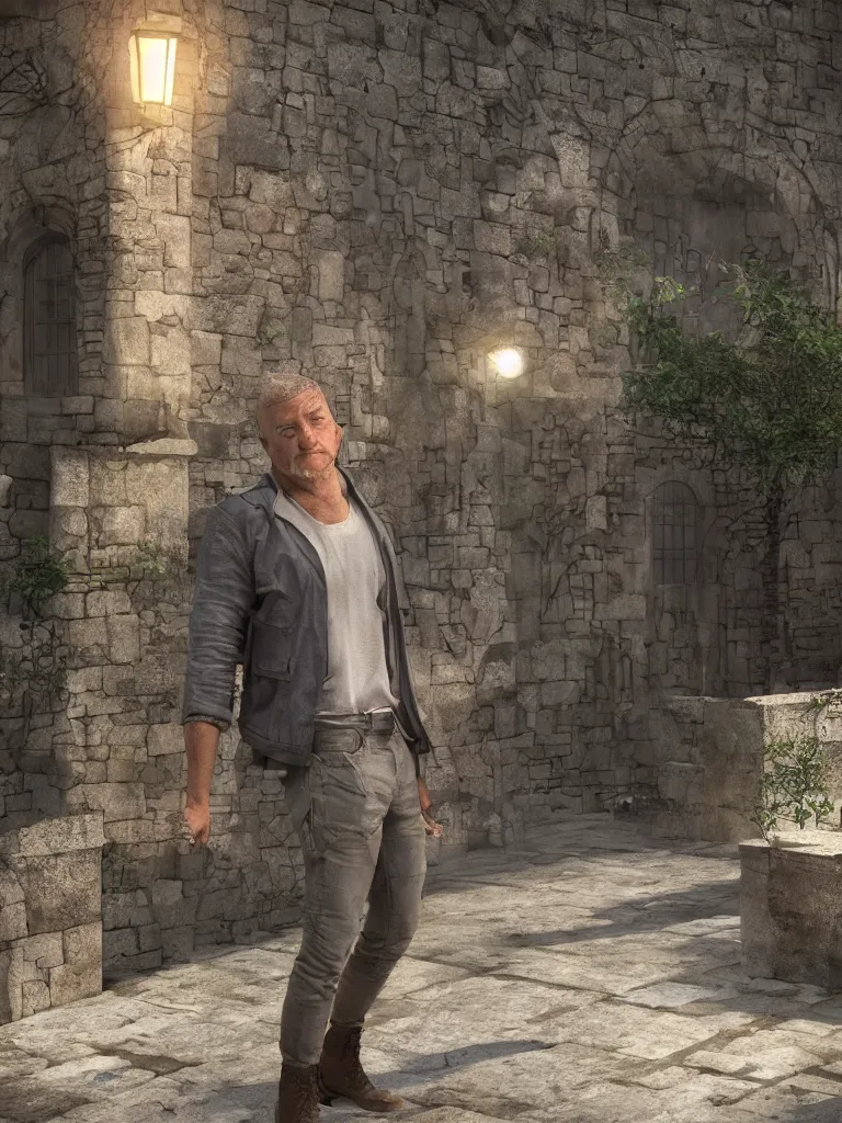 Prompt: a realistic detailed photo of karl havoc in a stone courtyard, character concept, cinematic lighting, global illumination radiating a glowing aura, i think you should leave