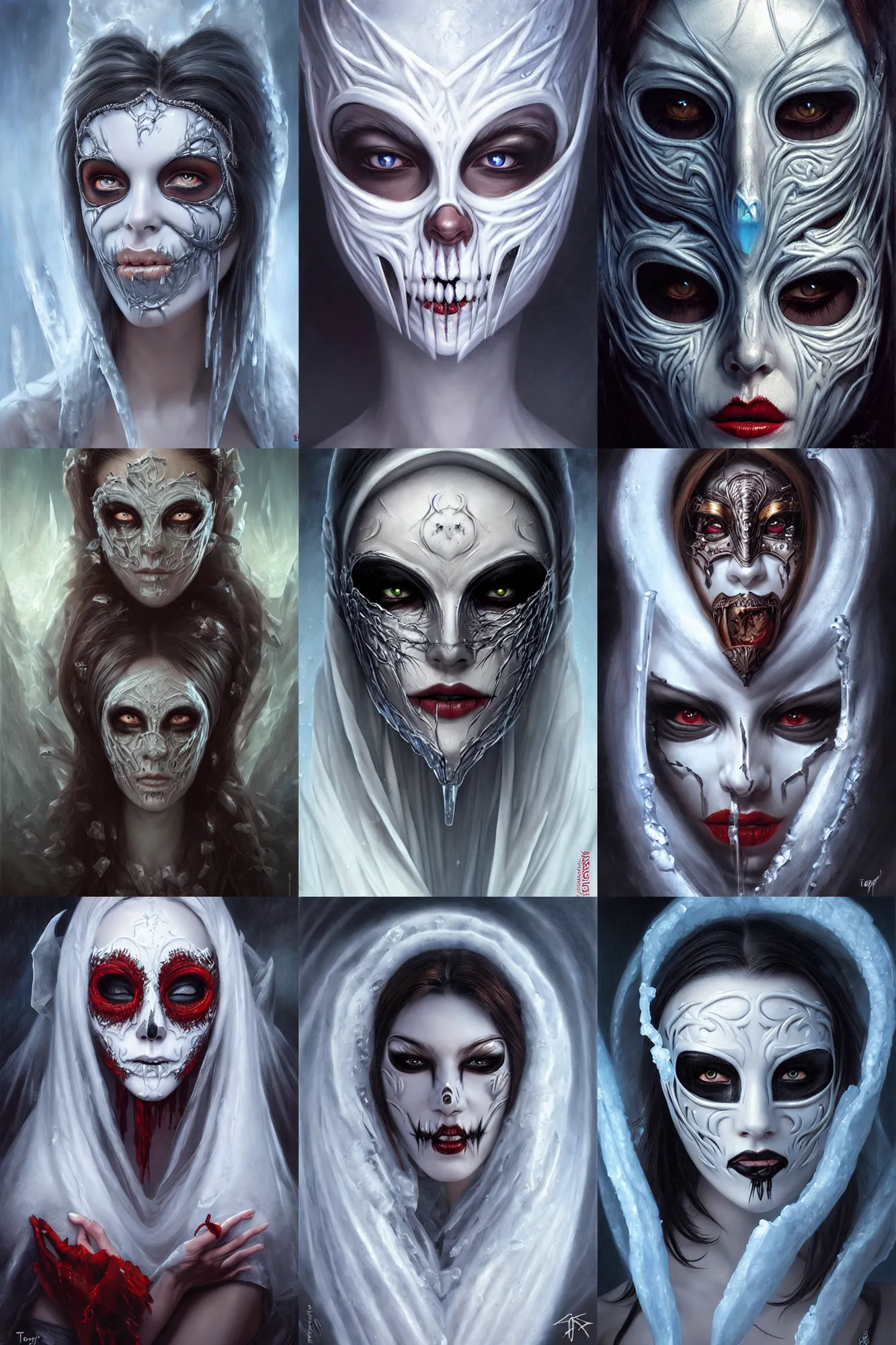 Prompt: necromance in a mask made of ice, oil on canvas, masterpiece, hi - fructose, by tony sart and artgerm, tranding on pxiv, highly detailed face, clear eyes