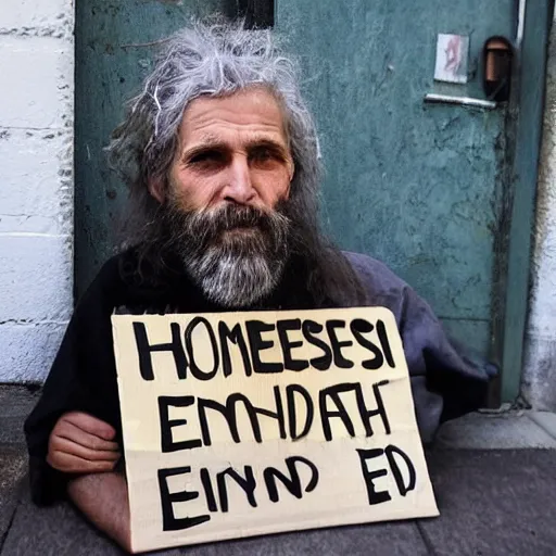 Prompt: a painting of a homeless man with a beard on the street with a sign that says 'The End is Near'