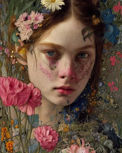 Prompt: a close up of a beautiful girl in a colourful patterned dress with colourful intricate tattoos surrounded by flowers, by edgar maxence and caravaggio and michael whelan and delacroix style, artistic, intricate drawing, light brazen, realistic fantasy, extremely detailed and beautiful aesthetic face, 8 k resolution, dramatic lighting