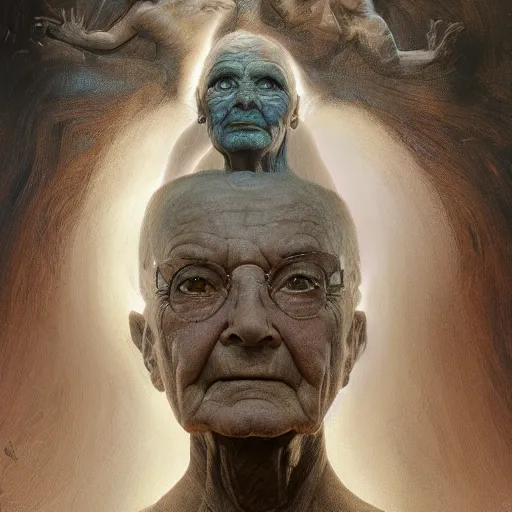 Prompt: hyperrealist portrait of an ancient old alien woman with three heads standing in a vast empty space with mounds of clay here and there by jeremy mann and alphonse mucha and stan lee, fantasy art, photo realistic, dynamic lighting, artstation, poster, volumetric lighting, very detailed faces, award winning, full face, symmetry