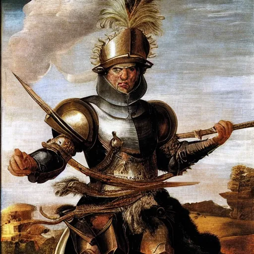 Image similar to donald trump, donald trump, wearing knight ’ s armor, holding a spectacular broadsword, by annibale carracci, two arms, two legs, donald trump, symmetrical face, highly detailed face, perfect face