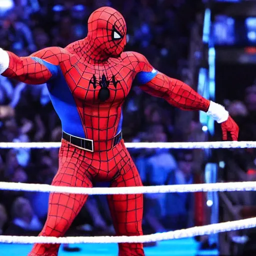 Image similar to dwayne johnson smackdown entrances wearing spiderman costumes, camera angle