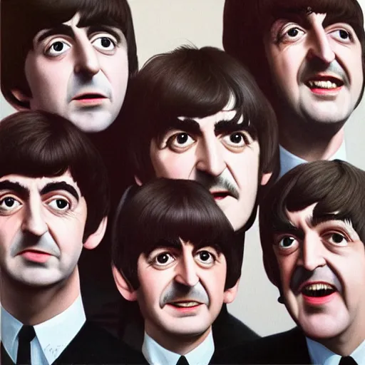 Prompt: the beatles except they're all mr. bean hyperrealism photo - realistic by james gurney artstation 8 k