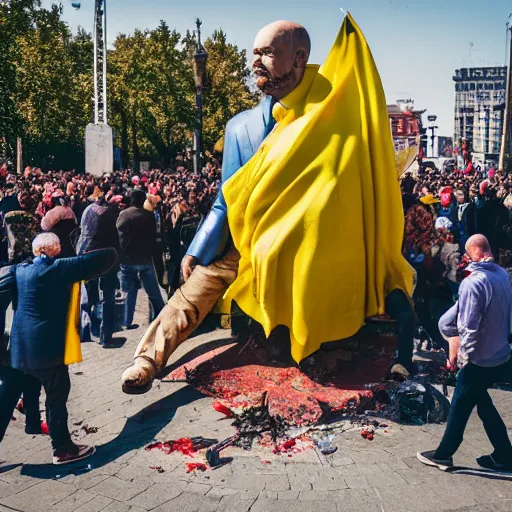 Prompt: a crowd of people with ukrainian flags destroy a statue of vladimir lenin, leica sl 2 5 0 mm, vivid color, high quality, high textured, real life