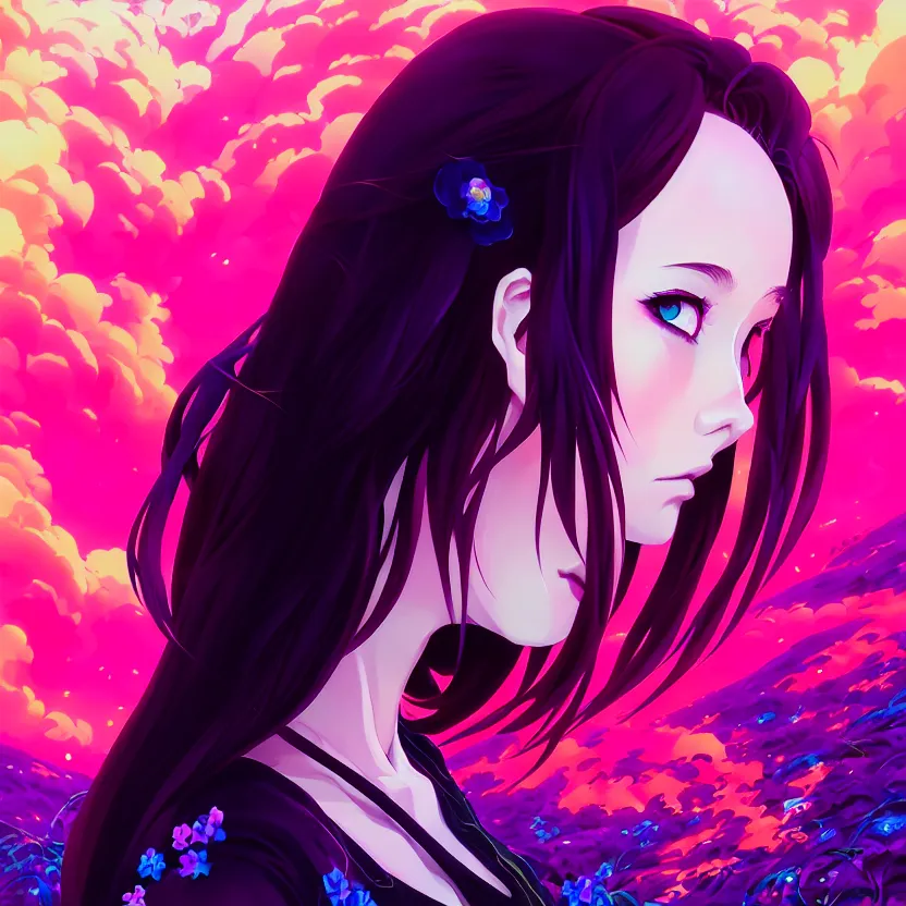 Image similar to side profile macro portrait of one cute modern gothic anime girl with synthwave flower background, gloomhaven, colorful swirly retrowave style fantasy portrait, by lois van baarle, sachin teng, greg rutkowski, jesper ejsing, ilya kuvshinov, extremely detailed digital art, trending on artstation, masterpiece 8 k,