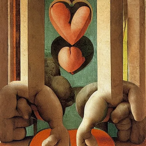 Image similar to hands folded in the shape of a heart in a bright spring room, wrote renaissance michelangelo