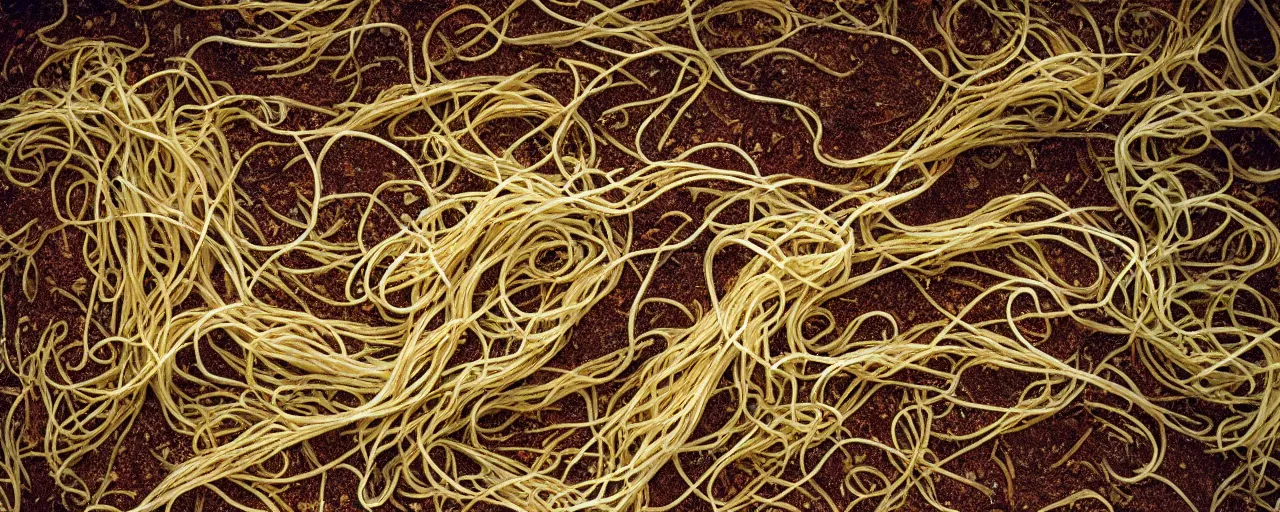 Image similar to spaghettis as mycelium, under the dirt, fine detail, canon 5 0 mm, in the style wes anderson, kodachrome