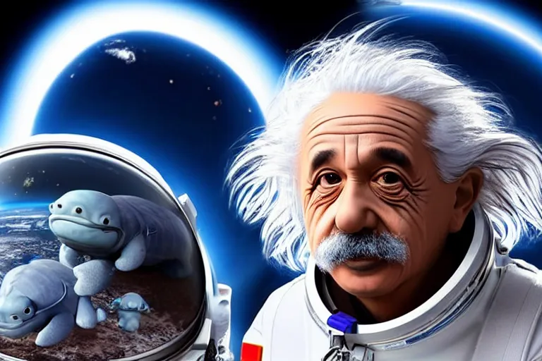 Image similar to still photo of sad albert einstein in spacesuit, giant flat earth on turtles at background, highly detailed, photorealistic shot, bright studio setting, studio lighting, crisp quality and light reflections, unreal engine 5 quality render