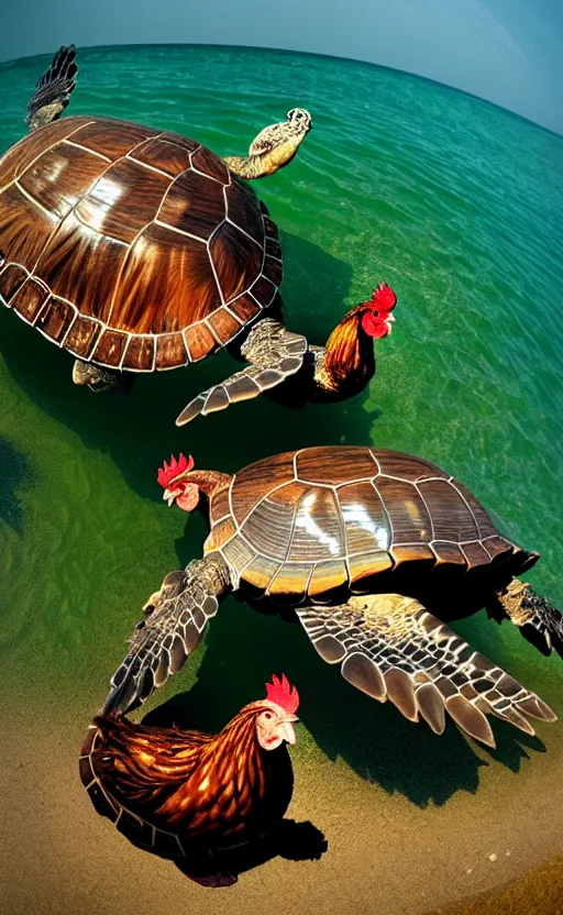 Prompt: chickens battling turtles, wide angle shot by greg rutkowski