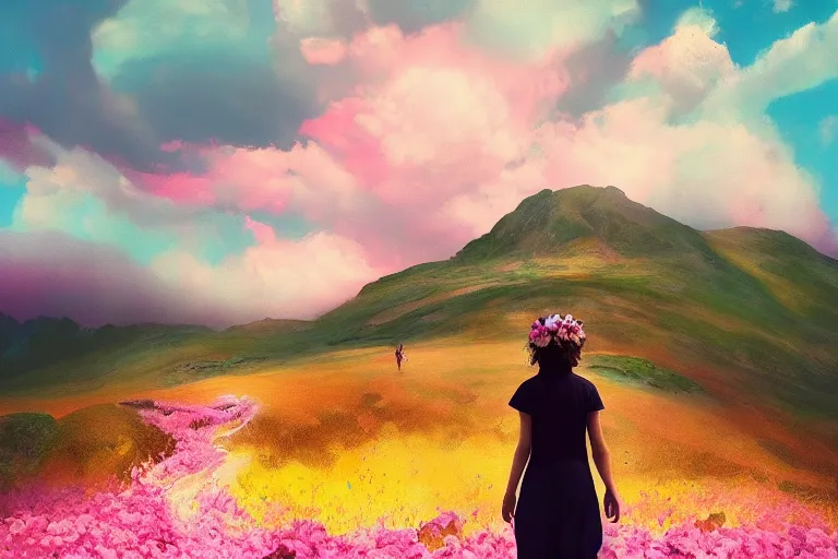 Prompt: a giant dahlia flower crown head, girl walking on mountain, surreal photography, pink storm clouds, dramatic light, impressionist painting, digital painting, artstation, simon stalenhag