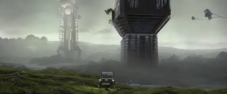 Image similar to Land Rover Defender 110 (1985), an epic fantasy, dramatic lighting, cinematic, establishing shot, extremely high detail, photorealistic, cinematic lighting, artstation, by simon stalenhag, The Elder Scrolls IV: Oblivion, Green Cyrodiil plains, Imperial City with the Adamantine Tower in the middle in the distance, at day