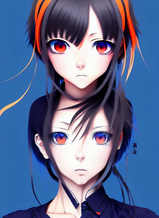 Image similar to anime portrait of a beautiful woman, blue - orange eyes, ilya kuvshinov, black clothing, anime, pixiv top monthly, trending on artstation, cinematic, danbooru, zerochan art, kyoto animation