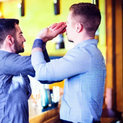 Image similar to 90mm color photo of a man slapping another man at the local pub