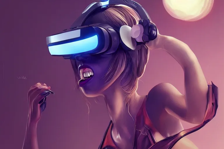 Prompt: a woman with a vr headset has a pill on her tongue and is hallucinating by artgerm, trending on cgsociety, retrofuturism, reimagined by industrial light and magic, darksynth, sci - fi