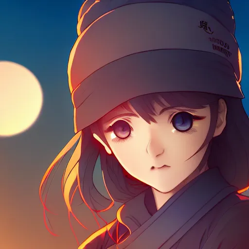 Prompt: digital anime art in the style of netflix arcane, cute female ninja sitting on an old japanese roof at golden hour, soft azure blue eyes, close up, wlop, ilya kuvshinov, backlit