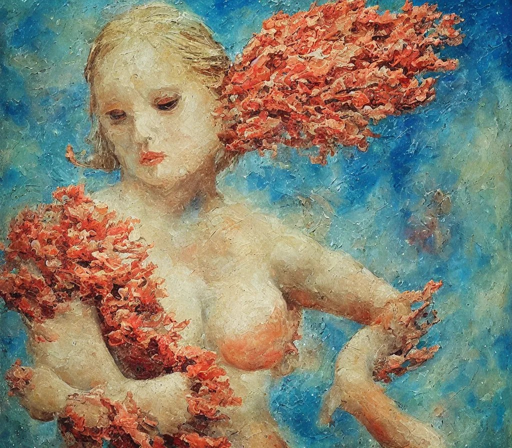 Prompt: angel under water, 3d high relief coral brain painted in the style of the old masters, painterly, thick heavy impasto, expressive impressionist style, painted with a palette knife