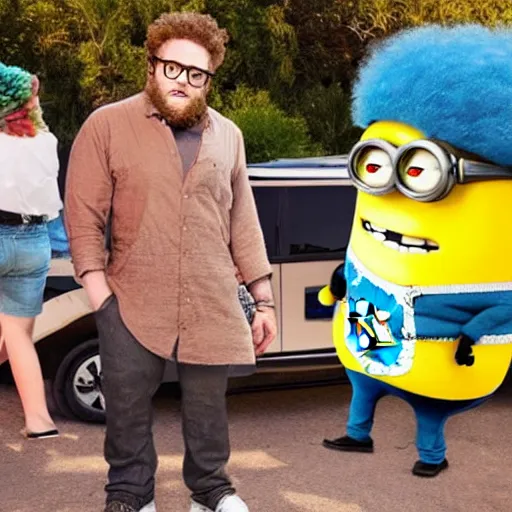 Prompt: seth rogan smoking weed with a minion dressed as bob marley