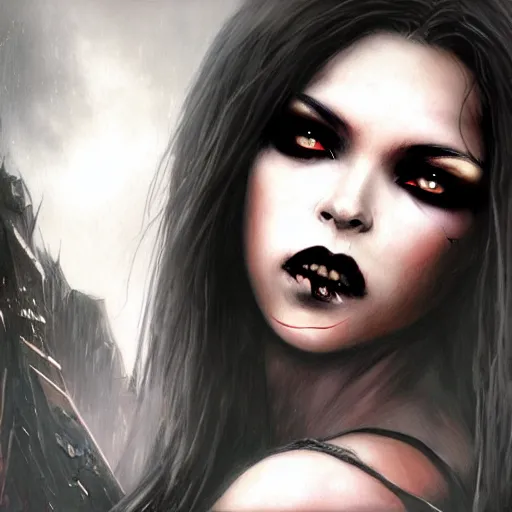 Image similar to aaliyah as a vampire, darkwave, darksynth, concept headshot art, sharp, digital matte painting, art by luis royo, greg rutkowski, wlop, dramatic lighting, trending on artstation