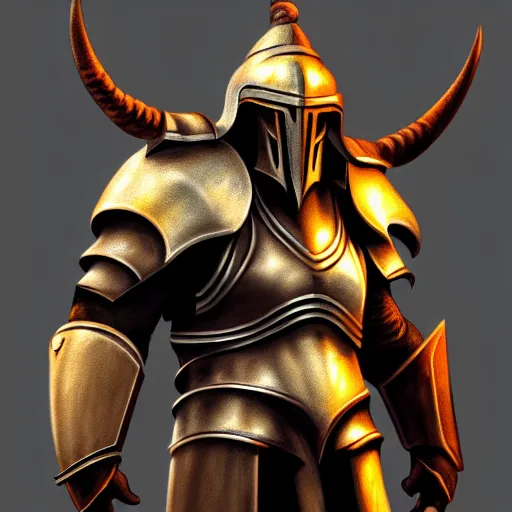 Image similar to Giant minotaur humanoid beast warrior with two handed axe, horned helmet, concept art, heavy knight golden armor, paladin, hyperrealism, high details, digital painting, dark fantasy