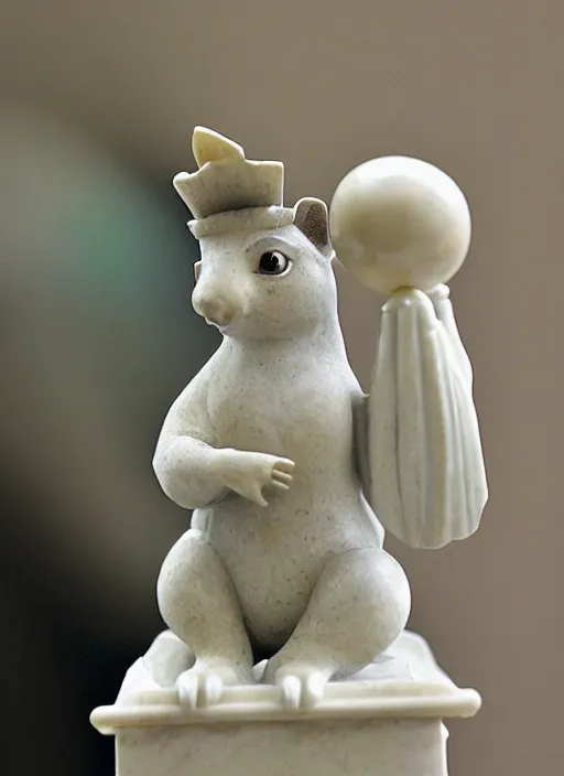 Image similar to A marble statue of a squirrel holding an acorn in the style of Statue of Liberty. museum photo