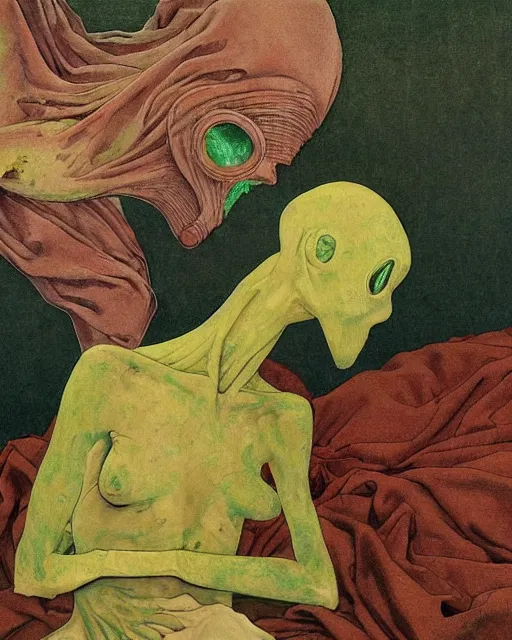 Prompt: Two skinny exhausted figures wearing gas masks, draped in silky gold, green and pink, inside a decaying hospital room, outside a storm rages, world on fire, exasperated sadness, in the style of Francis Bacon, Esao Andrews, Zdzisław Beksiński, Edward Hopper, surrealism, art by Takato Yamamoto and James Jean