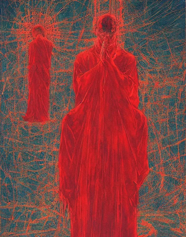 Image similar to worshippers in red robes holding a very large crystal tesseract radiating white light, interior of a small room, glowing crystal tesseract, beksinski painting, part by adrian ghenie and gerhard richter. art by takato yamamoto. masterpiece, deep colours