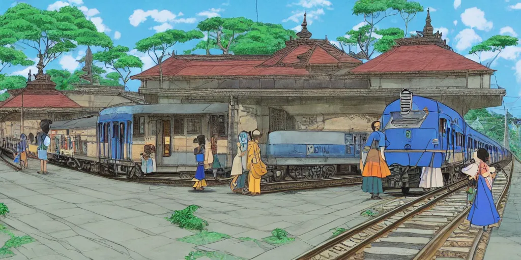 Prompt: sri lankan train station, drawn by hayao miyazaki