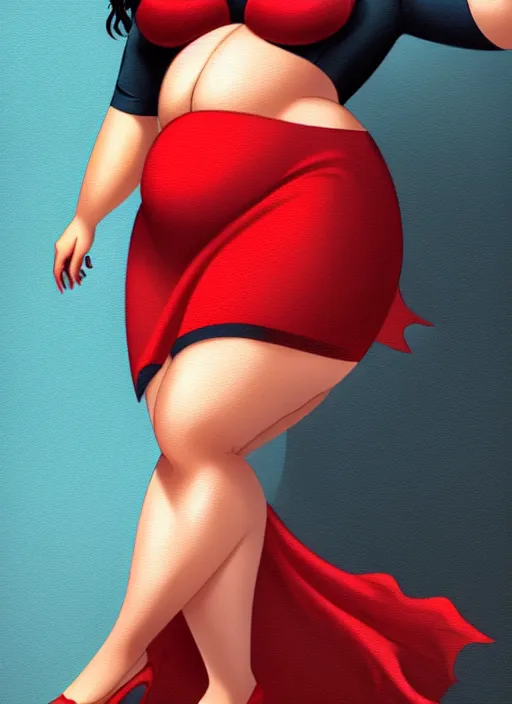 Image similar to full body portrait of teenage veronica lodge, obese, bangs, sultry, realistic, sultry smirk, wavy hair, red skirt, fat, belly, intricate, elegant, glowing lights, highly detailed, digital painting, artstation, concept art, smooth, sharp focus, illustration, art by wlop, mars ravelo and greg rutkowski