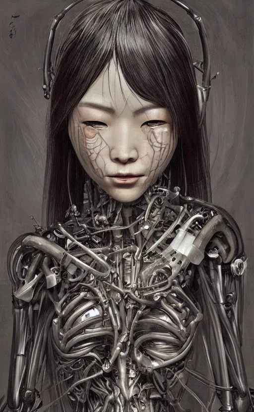 Image similar to beautiful Japanese girl is an unsettling scary terrifying bio mechanical cyborg post human, physically accurate, dramatic dynamic lighting, intricate, elegant, highly detailed, digital painting, artstation, very hyperrealistic, very very very HR GIGER, very Bensinski, Hieronymus Bosch, Francis Bacon, smooth, sharp focus, art by artgerm and greg rutkowski and alphonse mucha