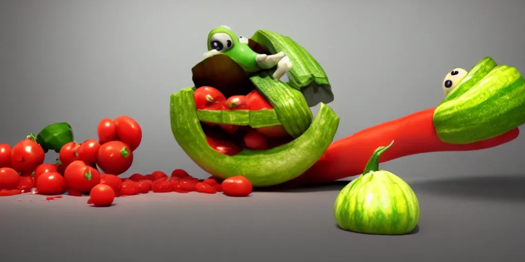 Image similar to detailed 3 d render of a masked zucchini character with arms and legs throwing knives after a frightened tomato burglar, hyper realistic octane render, cinematic lighting, deviantart, frame from independent movie