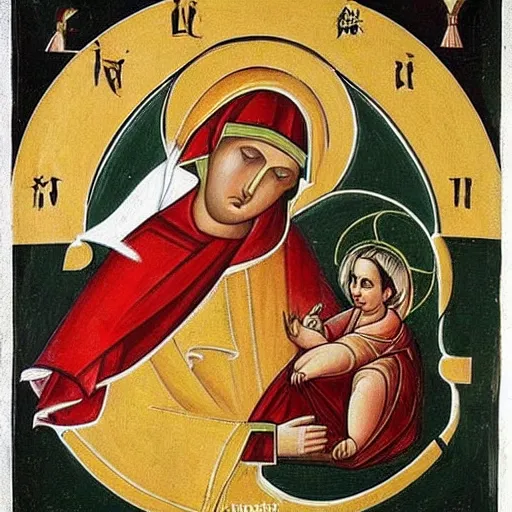 Image similar to “The Virgin Mary kicking Baby jesus like a football Orthodox Iconography”