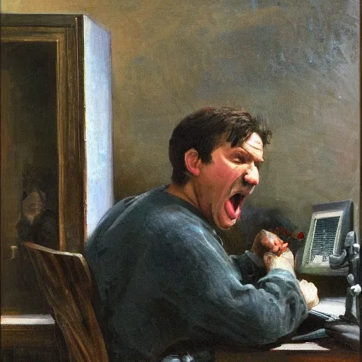 Image similar to an angry man yells at his computer monitor, oil on canvas, 1 8 8 3, highly detailed