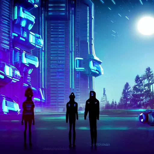 Image similar to futuristic citizens and vehicles, on the Moon, long shadows, holographic trees in a Russian high-rise community cyberpunk city called Neo Kudrovo, pitch black sky with stunning bright stars, bright sun, high contrast, lively, freaky, black sky full of stars, LEDs, holograms, blinding bright sun, sci-fi, cyberpunk outfits, photorealistic, grainy, 35mm, intricate, very very beautiful, elegant, smooth, cinematic, Unreal Engine 5, by Beeple