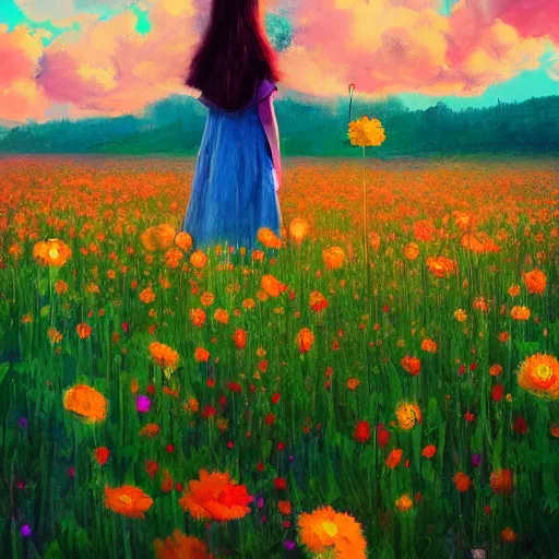 Image similar to girl with a flower face, surreal photography, dream, standing in flower field, magical, in a valley, sunrise dramatic light, impressionist painting, colorful clouds, artstation, simon stalenhag, flower face