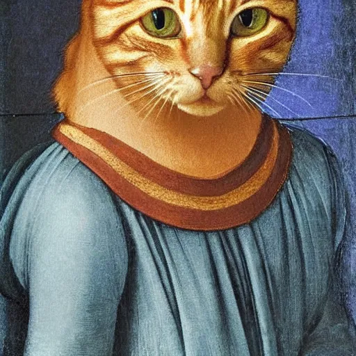 Prompt: Leonardo Da Vinci portrait of a ginger tabby cat wearing a beautiful outfit