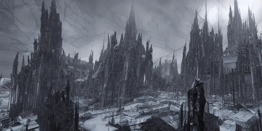 Image similar to grimdark tsutomu nihei aposimz gothic cathedral city, unreal engine, 8 k, ultra realistic, ultra detail