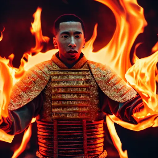 Prompt: cinematic film still of Tyga starring as a Samurai holding fire, Japanese CGI, VFX, 2022, 40mm lens, shallow depth of field,film photography