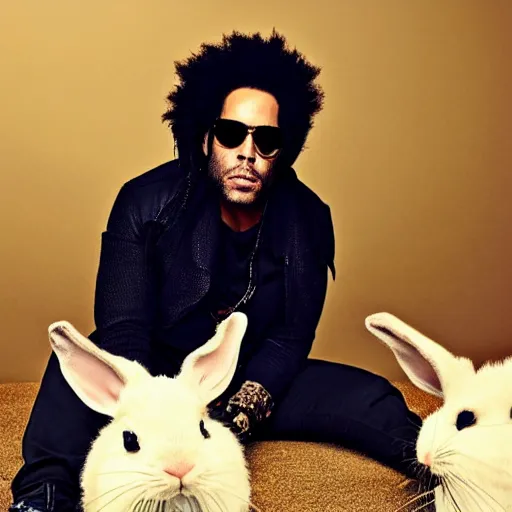 Prompt: photo of lenny kravitz and his amazing rabbits