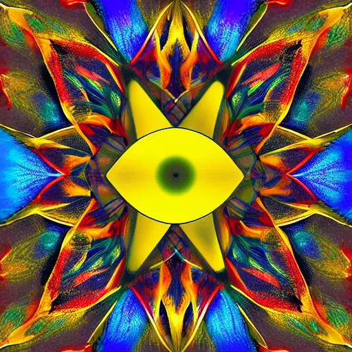 Prompt: multicolor open wings, a yellow eight-pointed-star in the center, an open eye in its center, space in the background, digital art