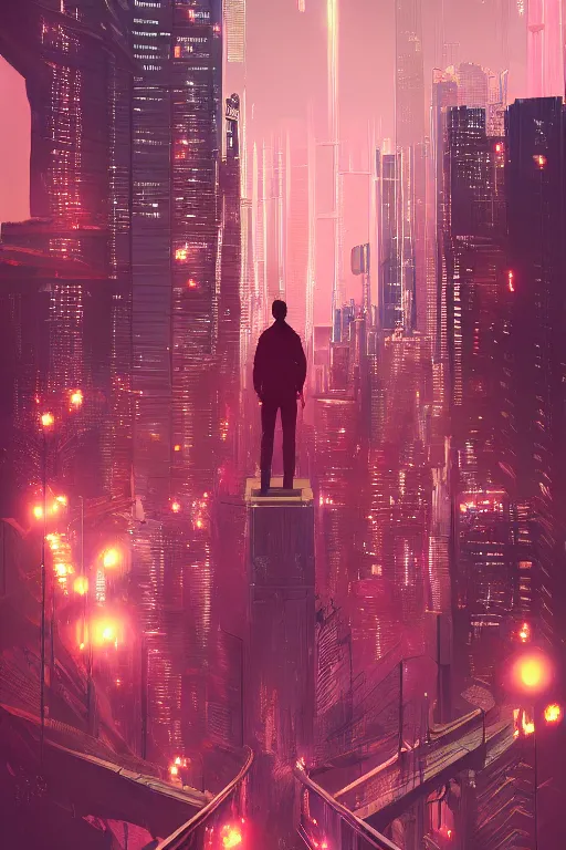 Image similar to a man standing on top of a bridge over a city, cyberpunk art by vincent lefevre, behance contest winner, altermodern, cityscape, synthwave, matte painting