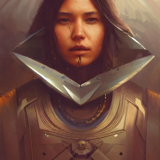 Prompt: A native american Ruler, robot, techwear, artists portrait, futuristic, fantasy, highly detailed, digital painting, concept art, sharp focus, depth of field blur, illustration, art by artgerm and greg rutkowski and alphonse mucha